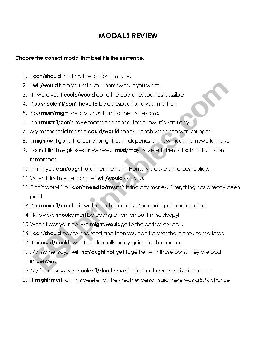 Modal verb review worksheet worksheet