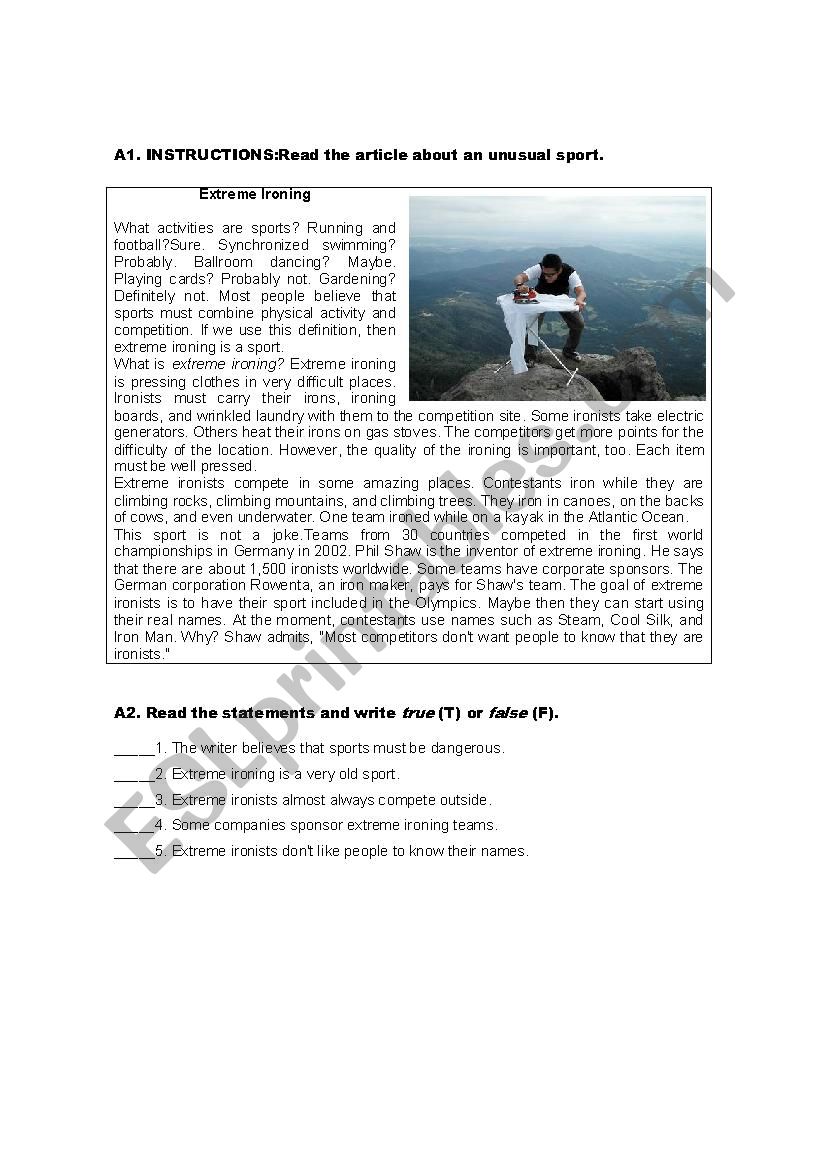 Extreme Ironing Reading worksheet