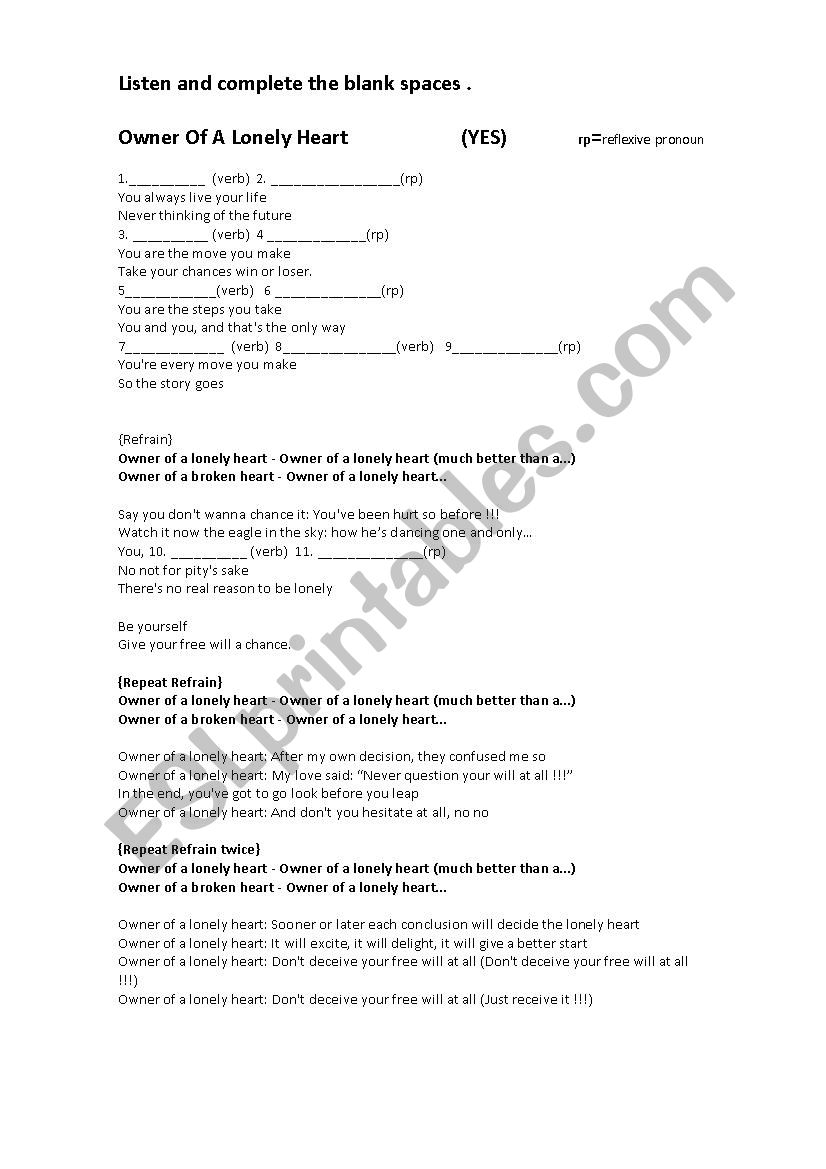 REFLEXIVE PRONOUNS SONG  worksheet