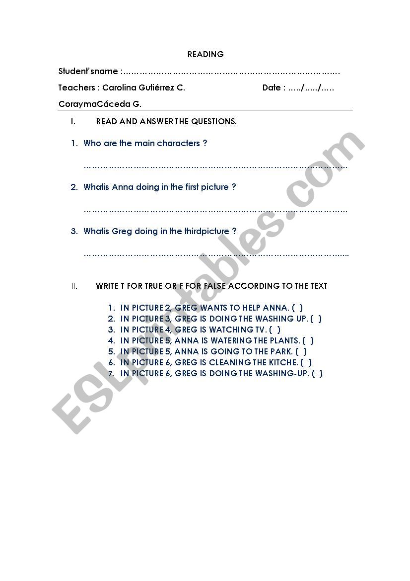 READING GREG worksheet