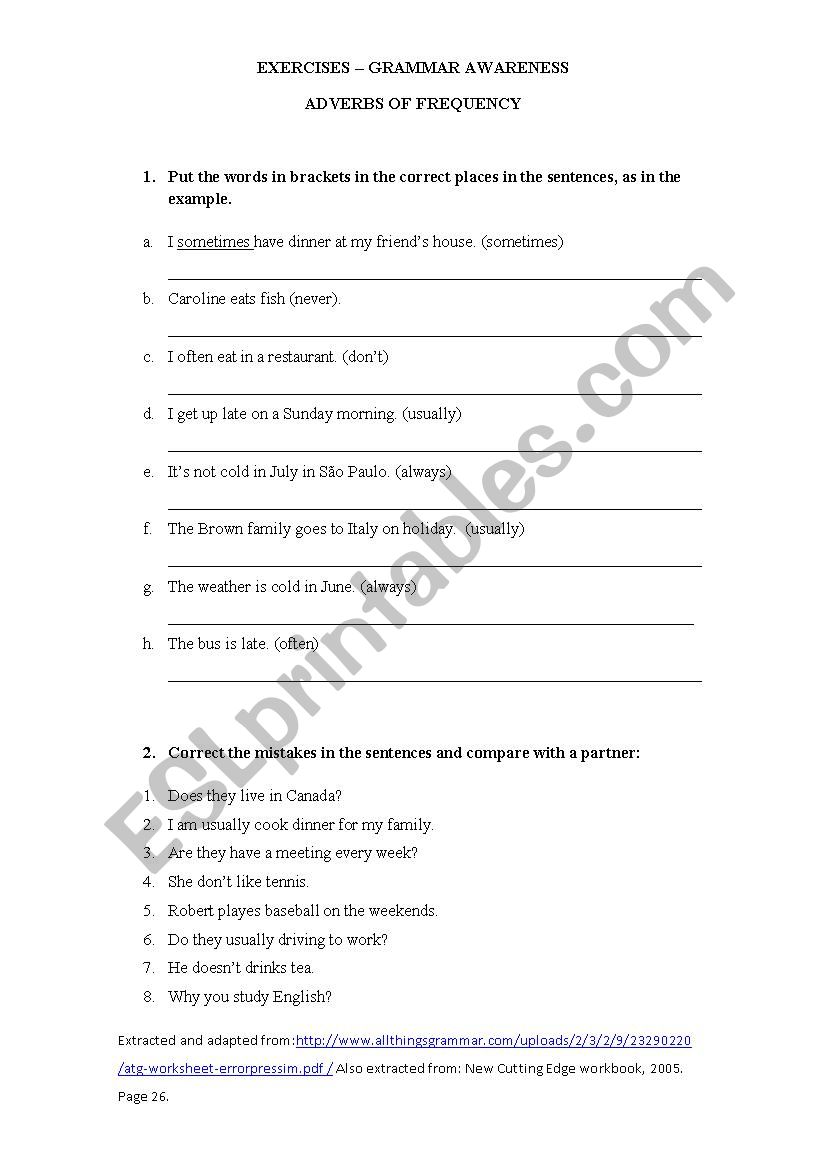 Adverbs of Frequency worksheet