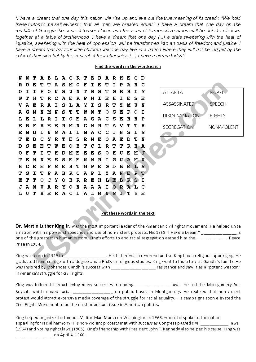 Martin Luther King worsksheet worksheet