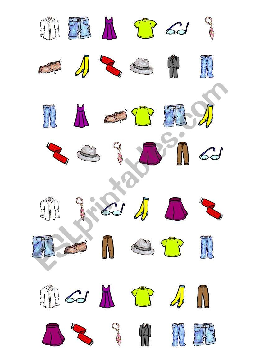 clothes bingo cards worksheet