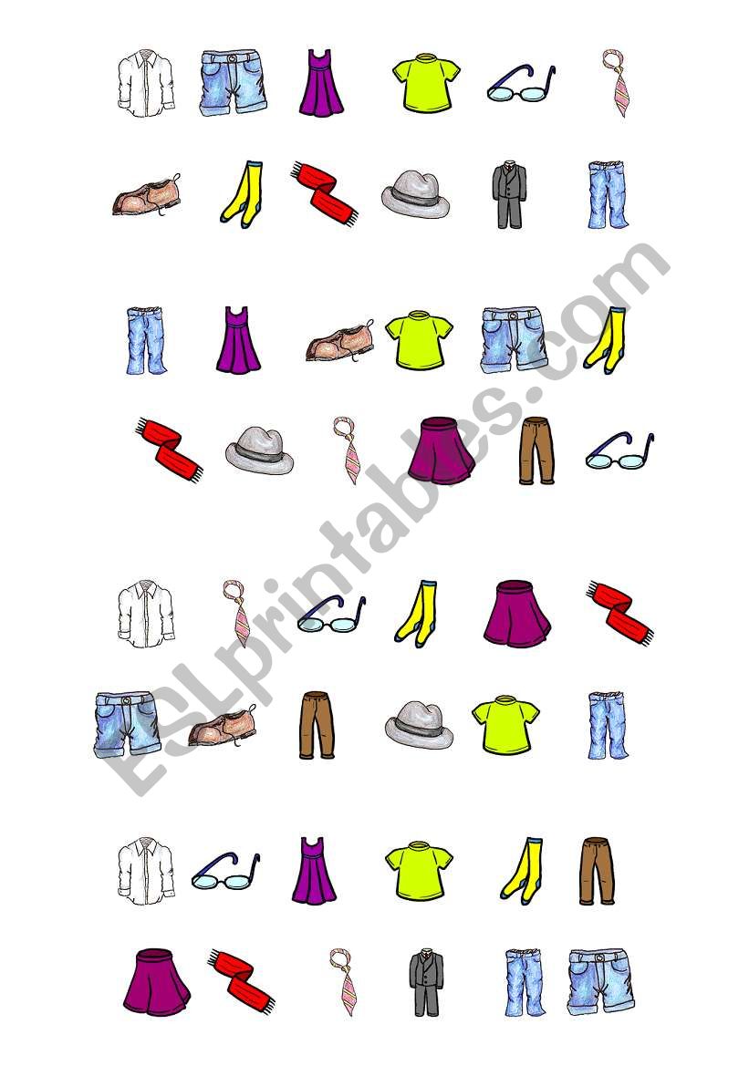 clothes bingo cards worksheet