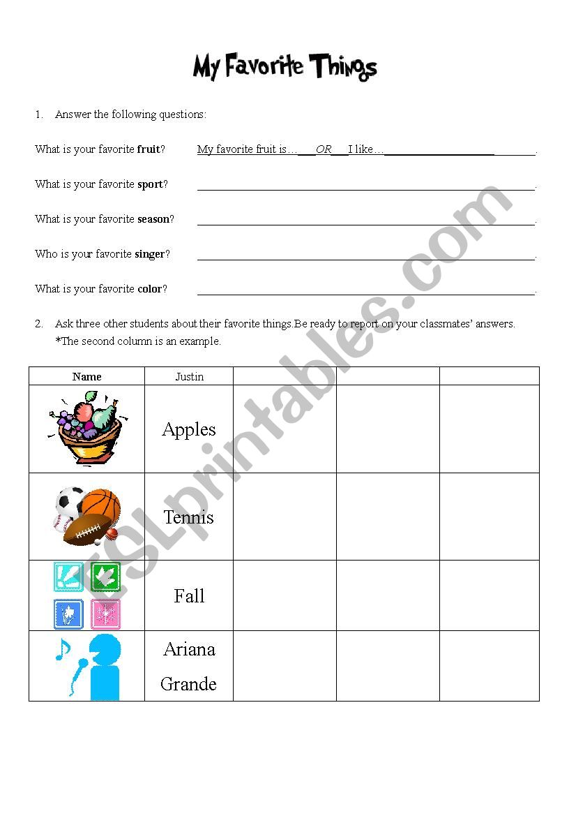 My Favorite Things worksheet