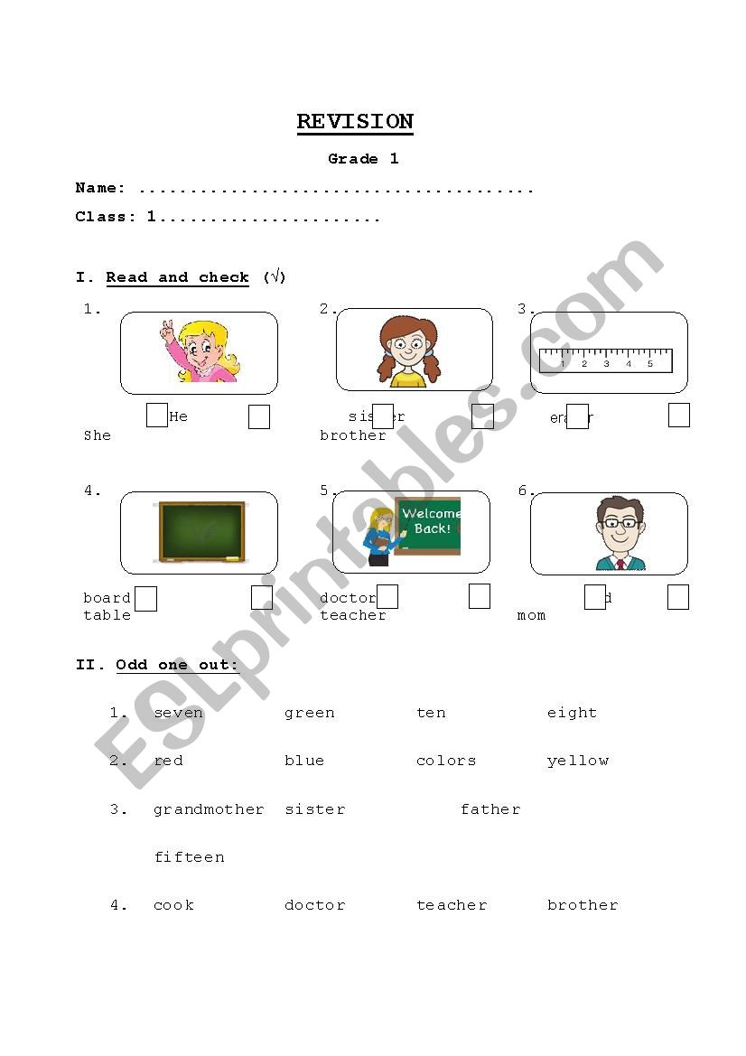  revision for grade 1 worksheet
