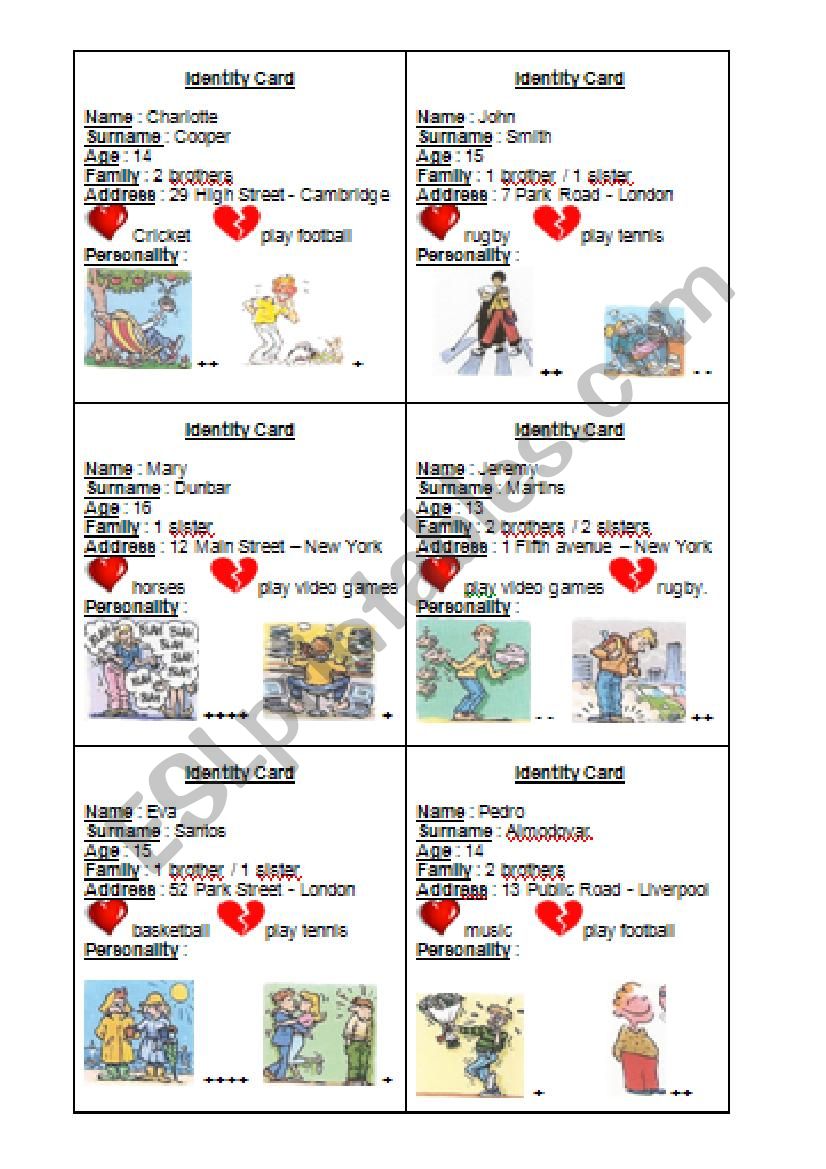 Identity Cards 1/4 worksheet