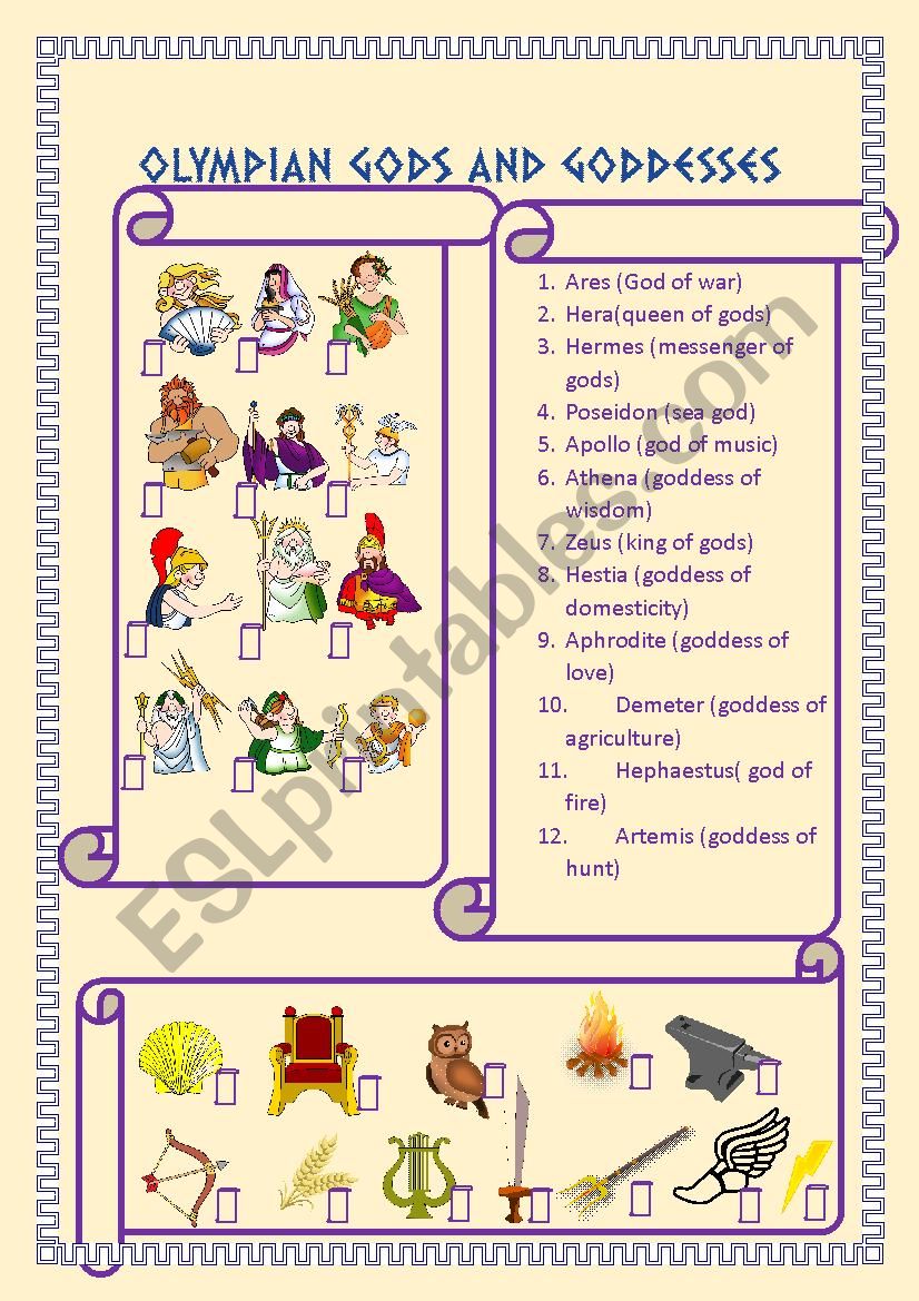 olympian gods worksheet