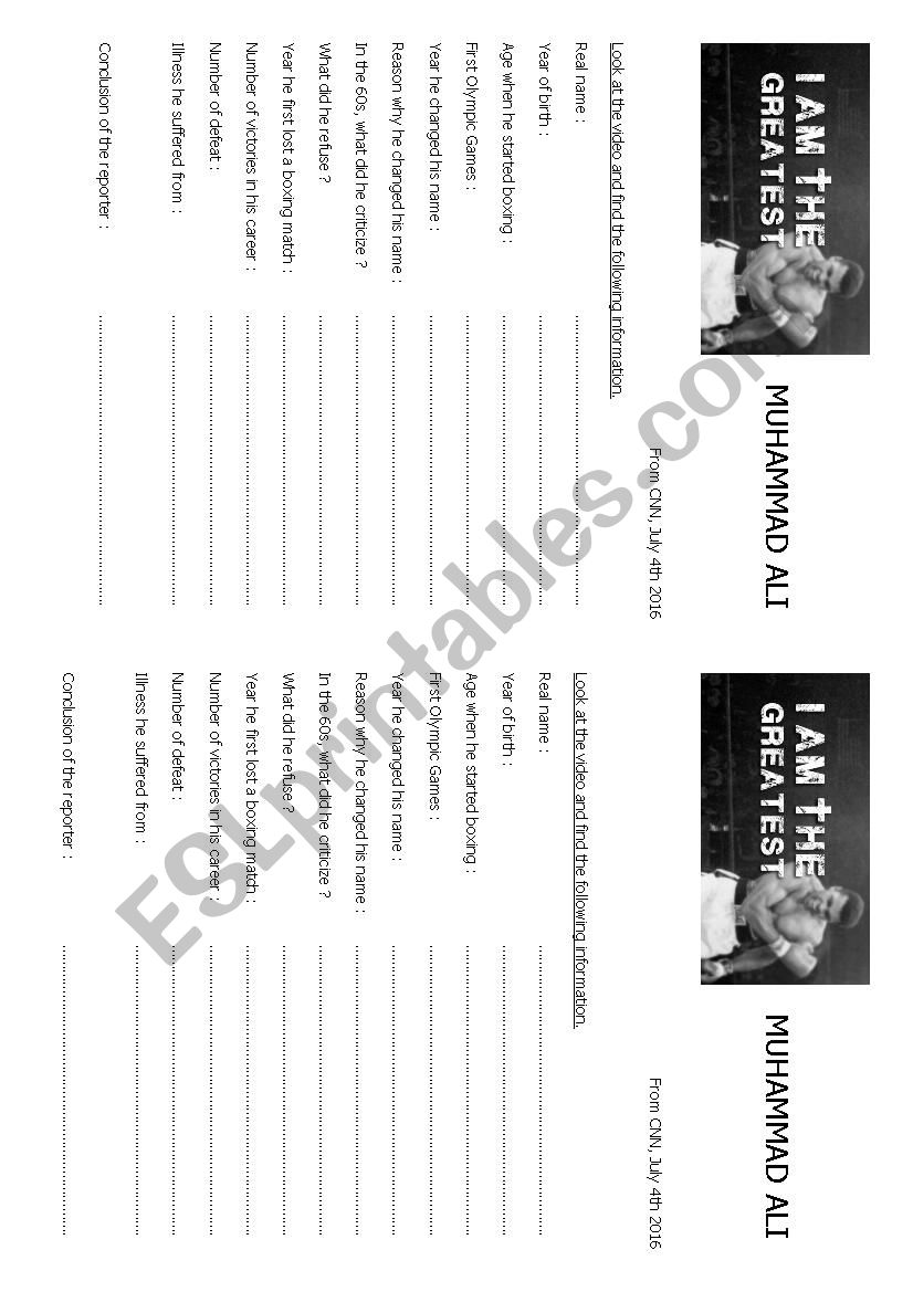 Muhammad Alis biography worksheet