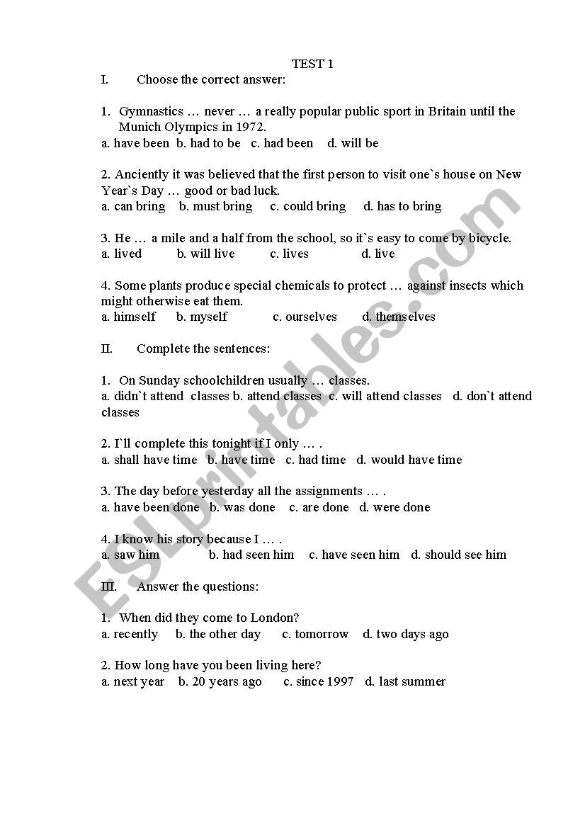 Grammar test worksheet