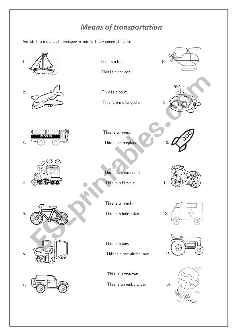 Means of Transportation worksheet