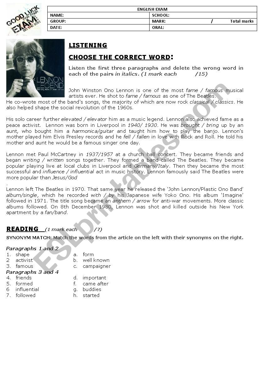 John Lennon test  worksheet