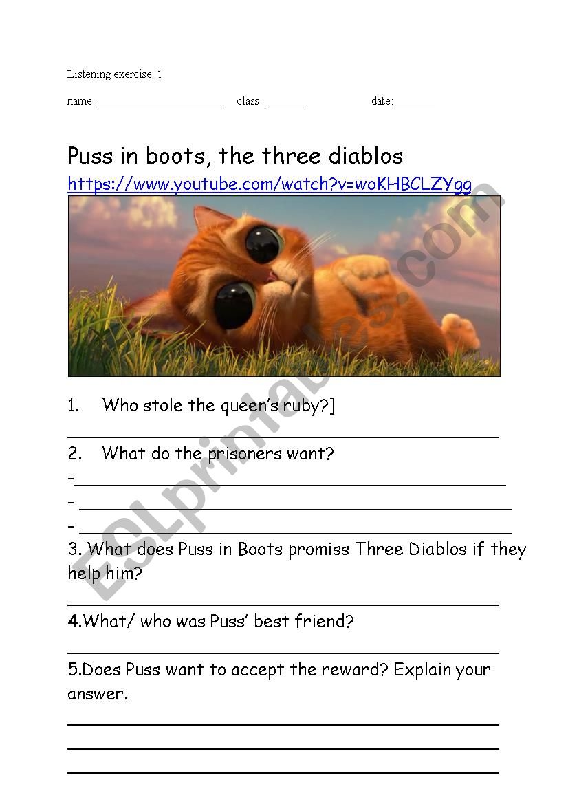 Puss in Boots- three diablos worksheet