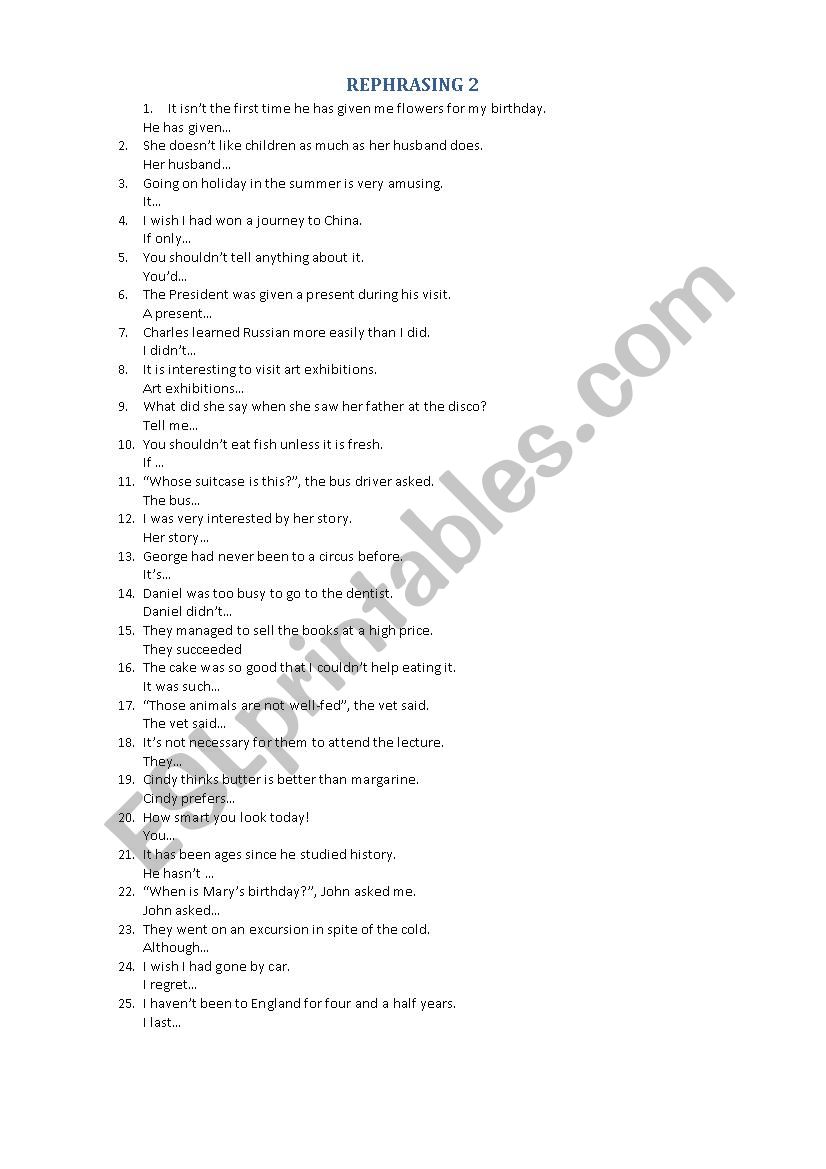 REPHRASING EXERCISES worksheet