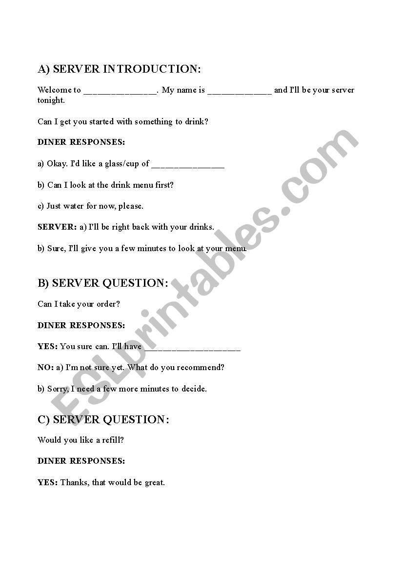 Restaurant Role Play worksheet