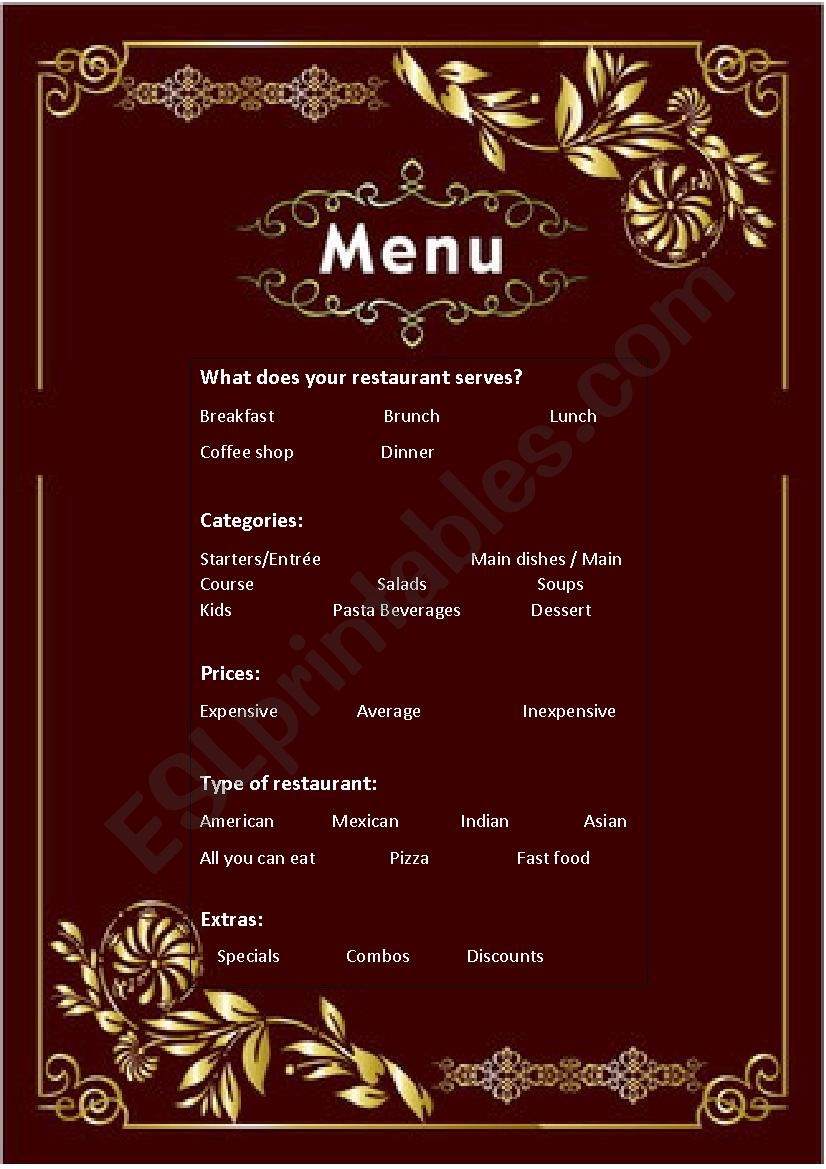 Menu Outline worksheet