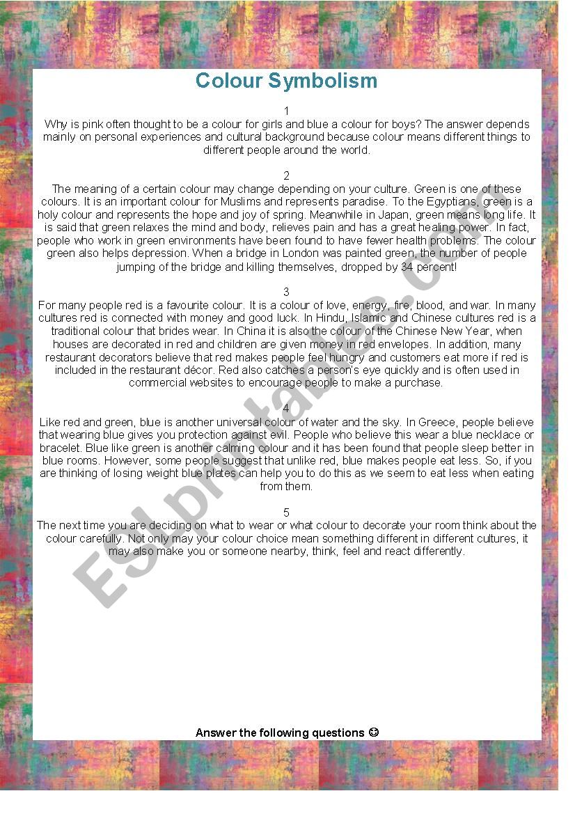 Reading Comprehension about Colors ESL worksheet by slaykit