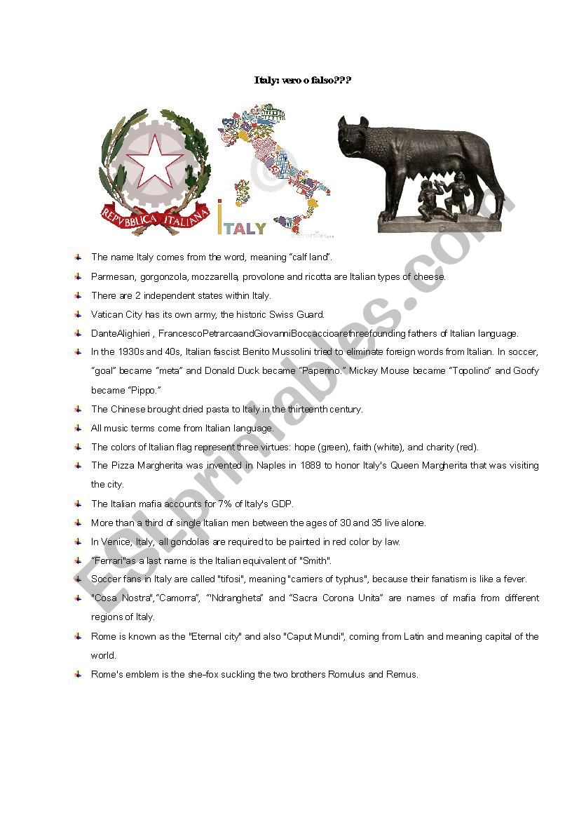 italy true or false worksheet