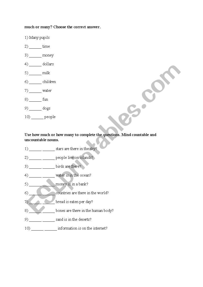 much or many worksheet