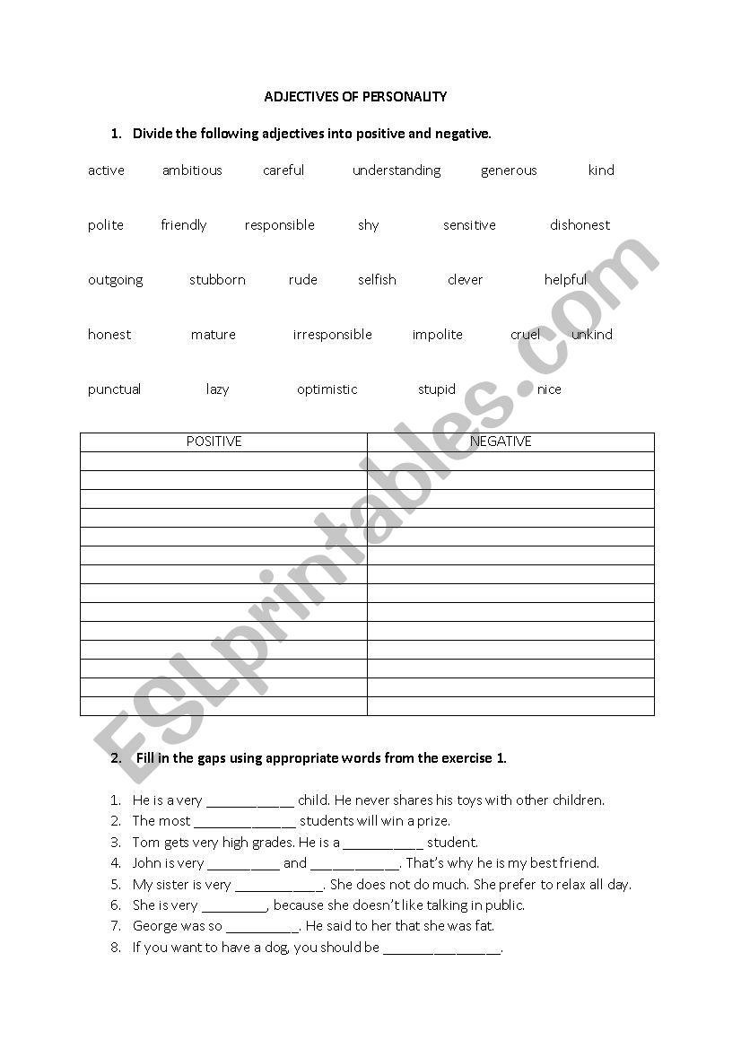 Adjectives of personality worksheet