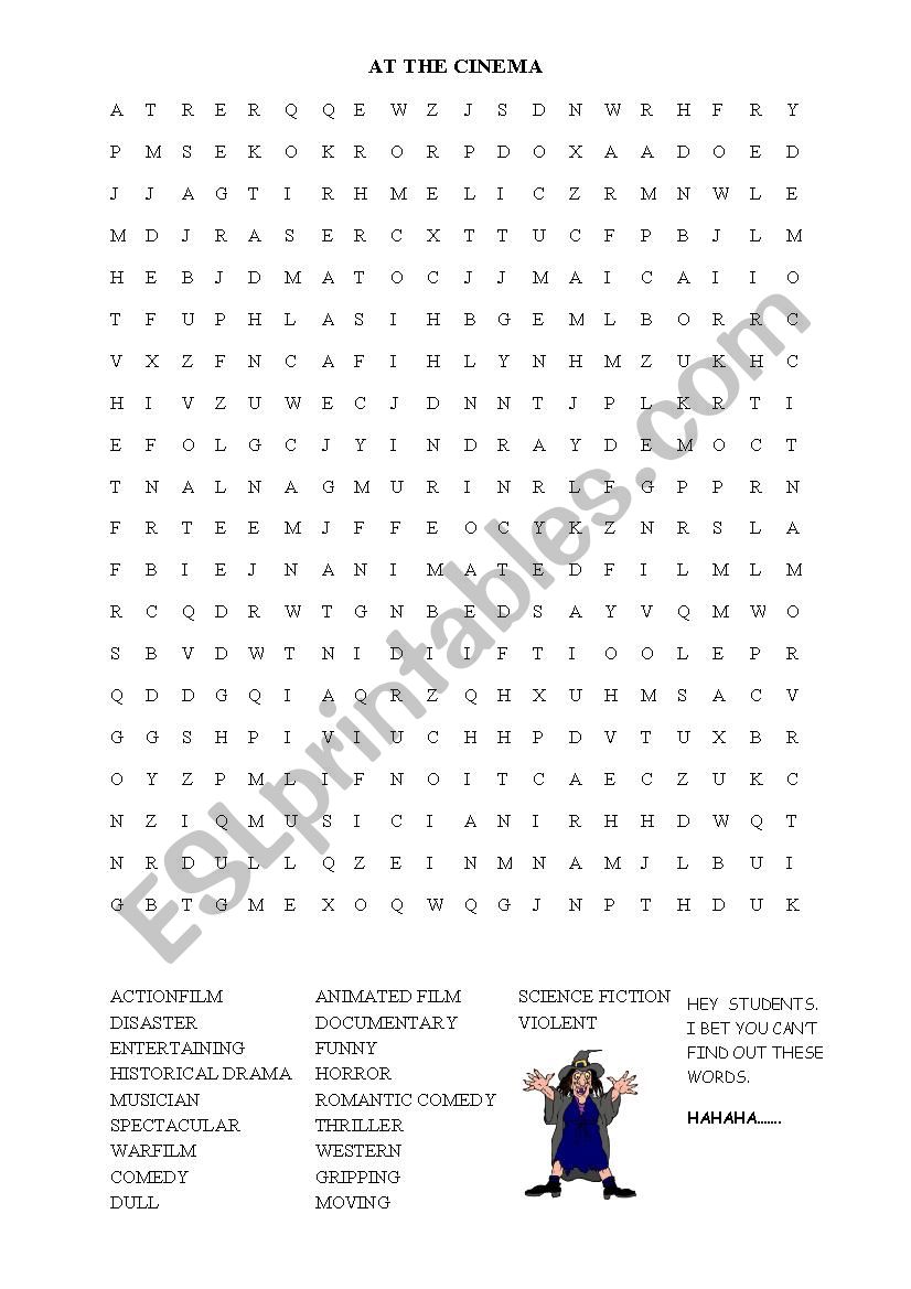 AT THE CINEMA -WORDSEARCH worksheet