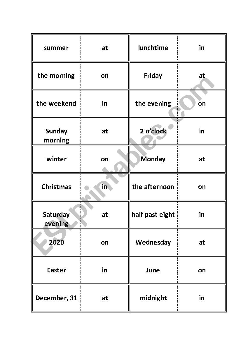 Dominoes Prepositions of time 