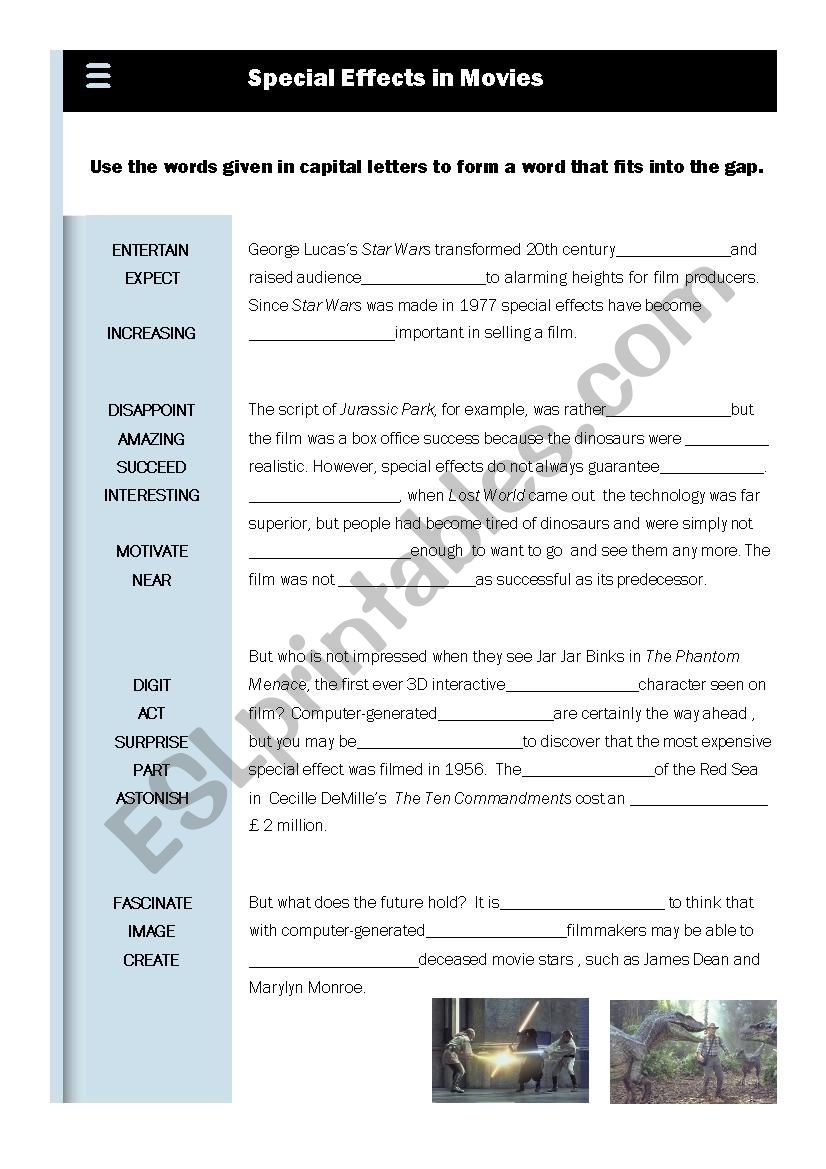 Special Effect in films worksheet