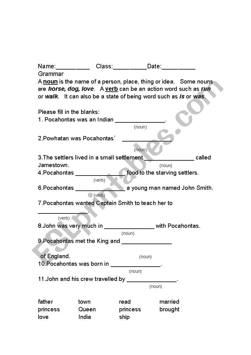 Pocahontas Grammar worksheet worksheet