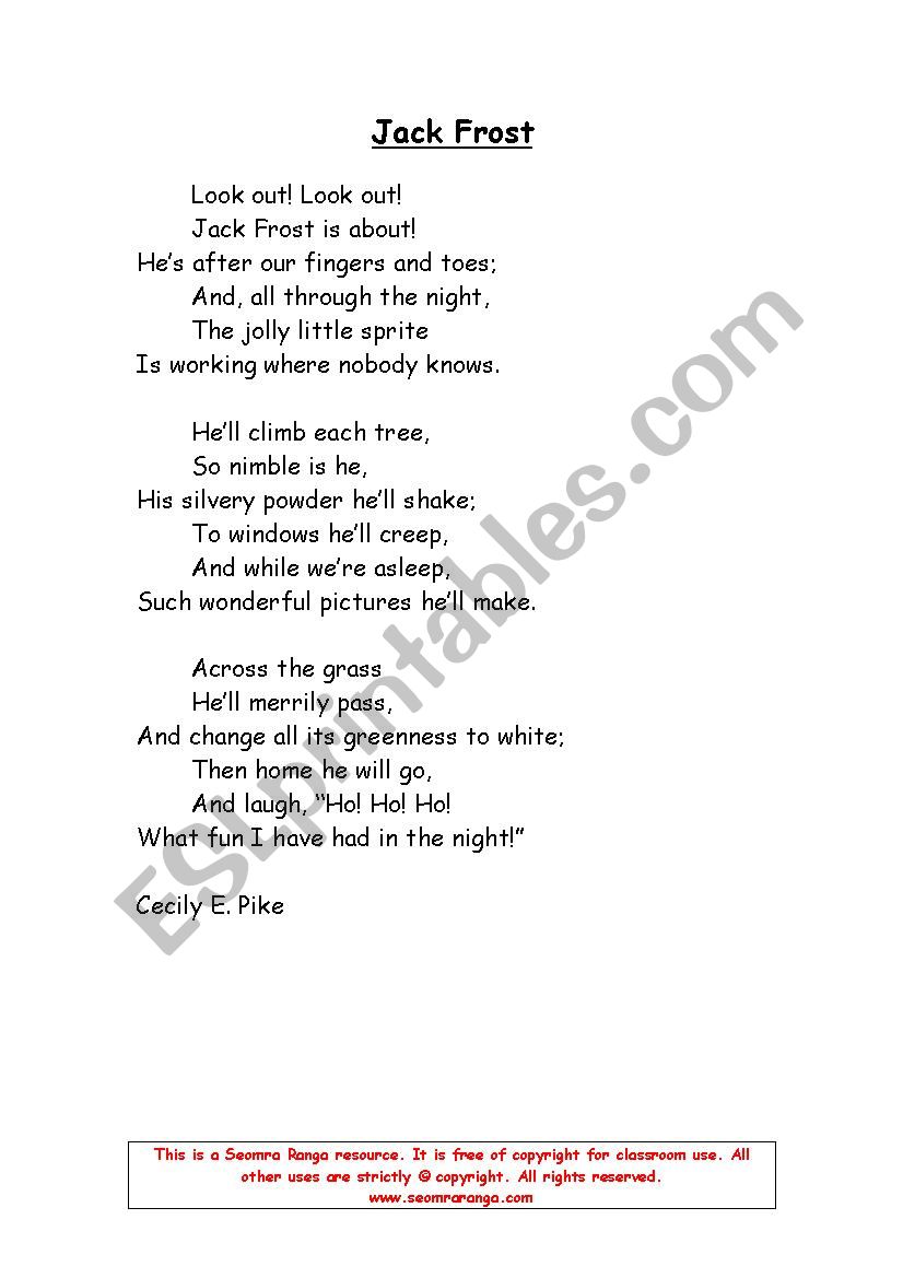 jack frost poem worksheet