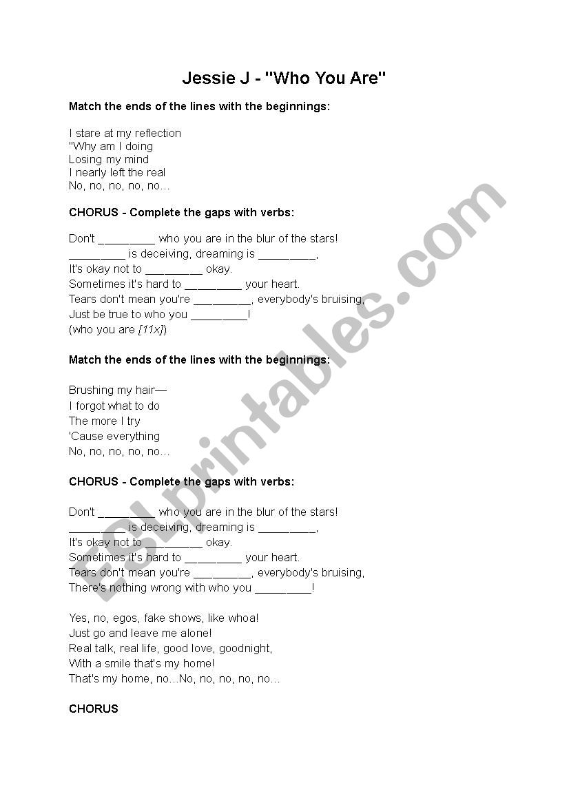 Jessie J Who You Are song worksheet