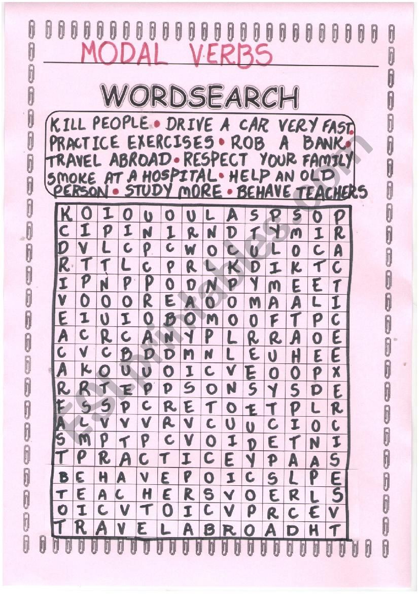 Modal verbs wordsearch worksheet