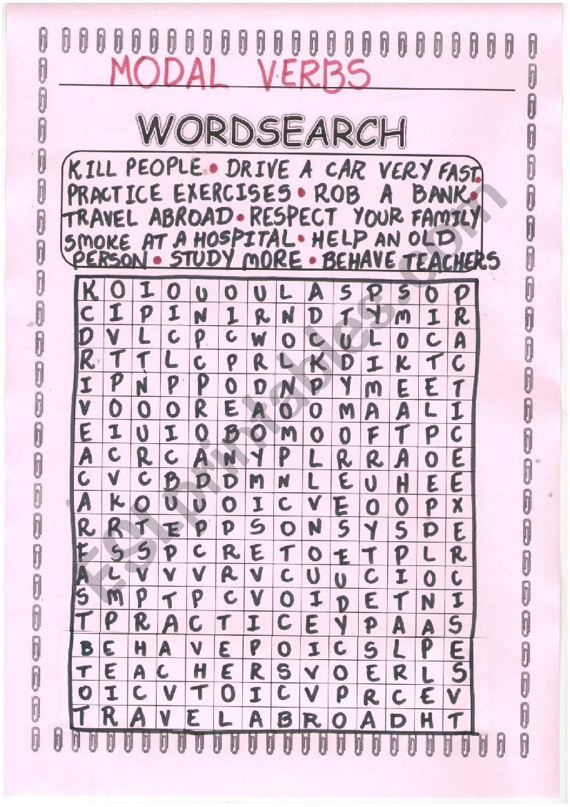 Modal verbs wordsearch worksheet