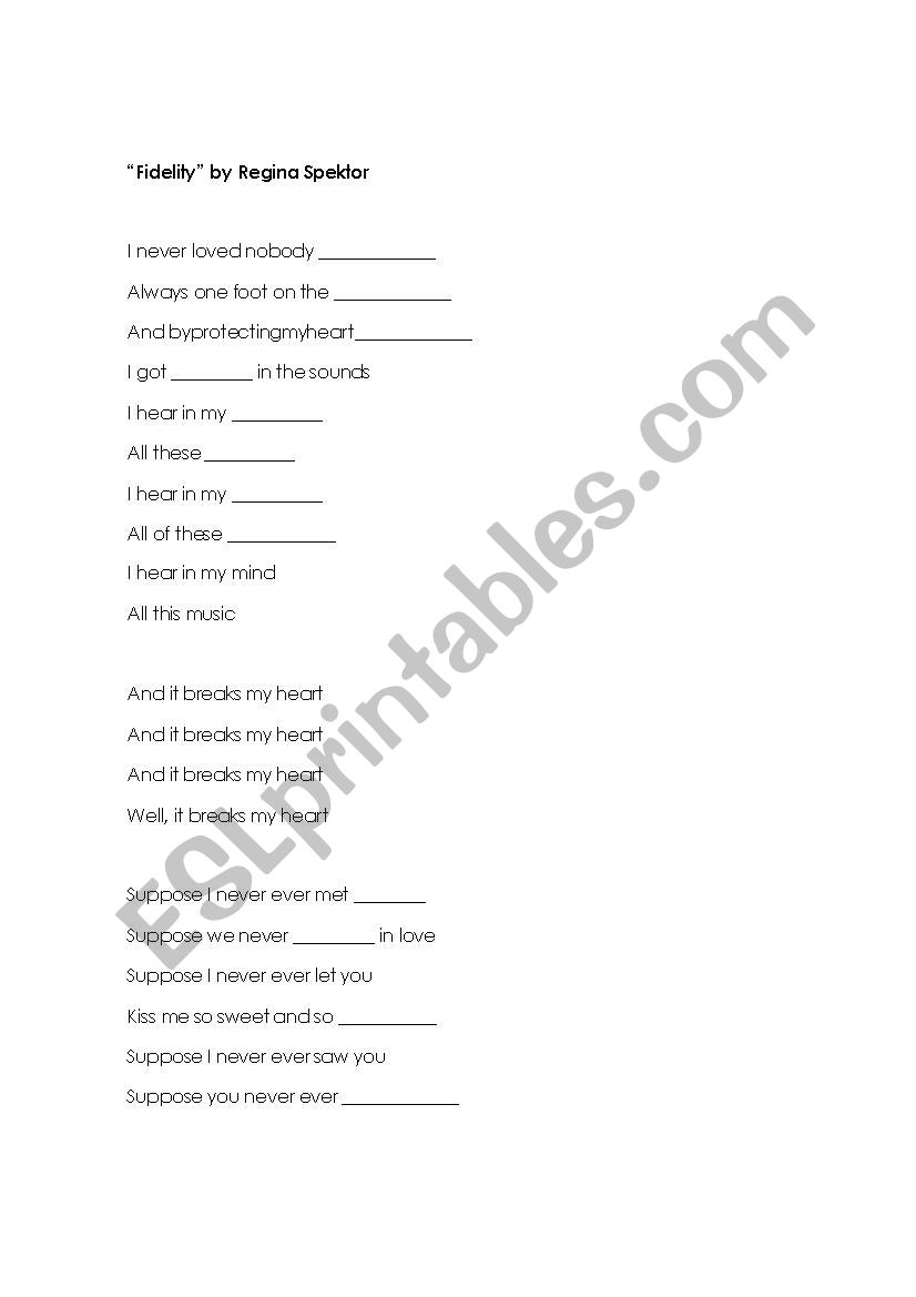 Fidelity Regina Spektor worksheet