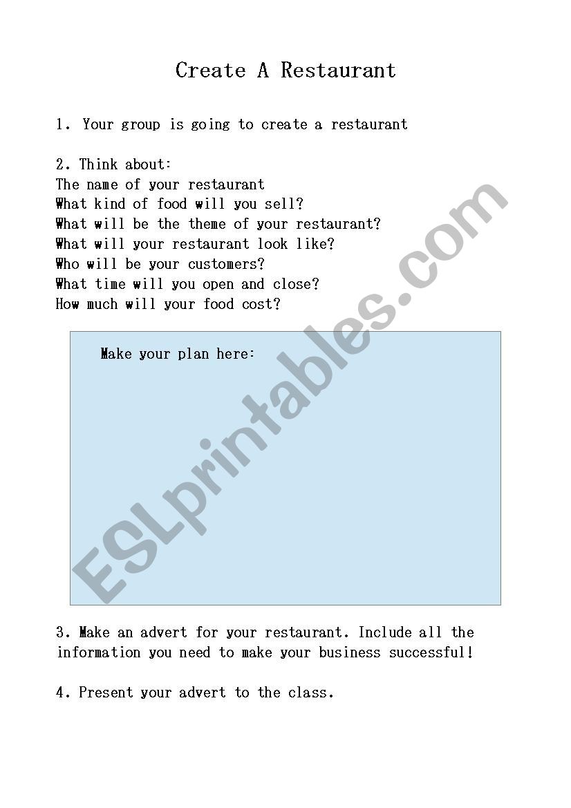 Create A Restaurant worksheet