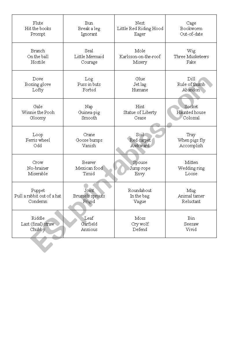 Vocab game worksheet