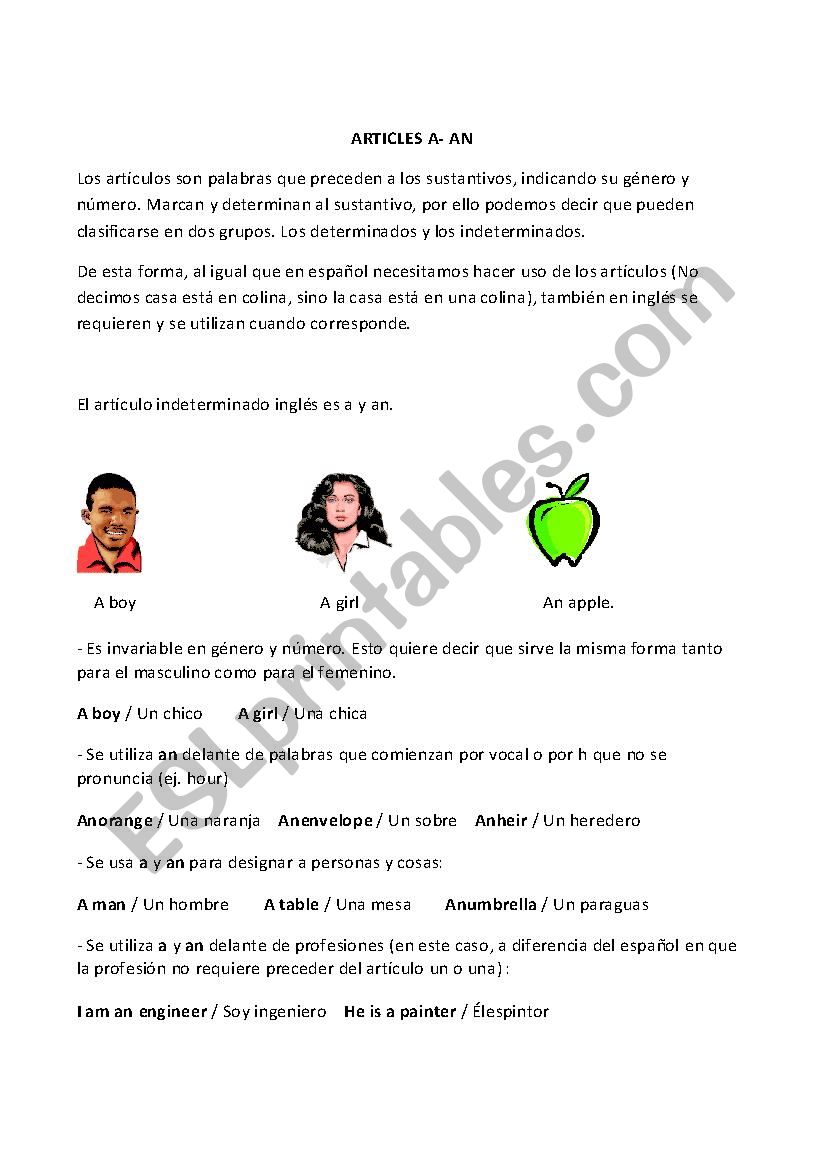 ARTICLES A- AN worksheet