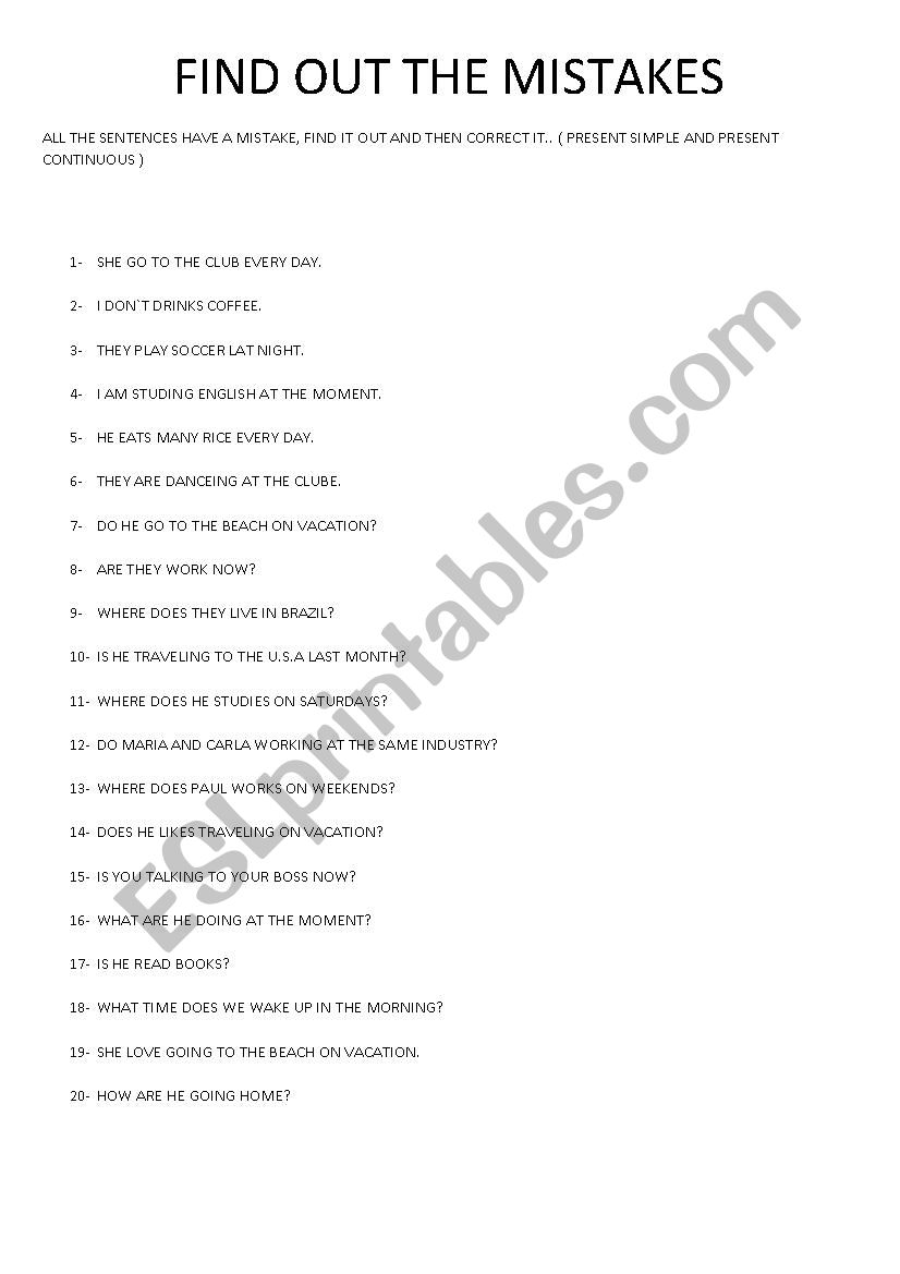 Find out the mistakes worksheet