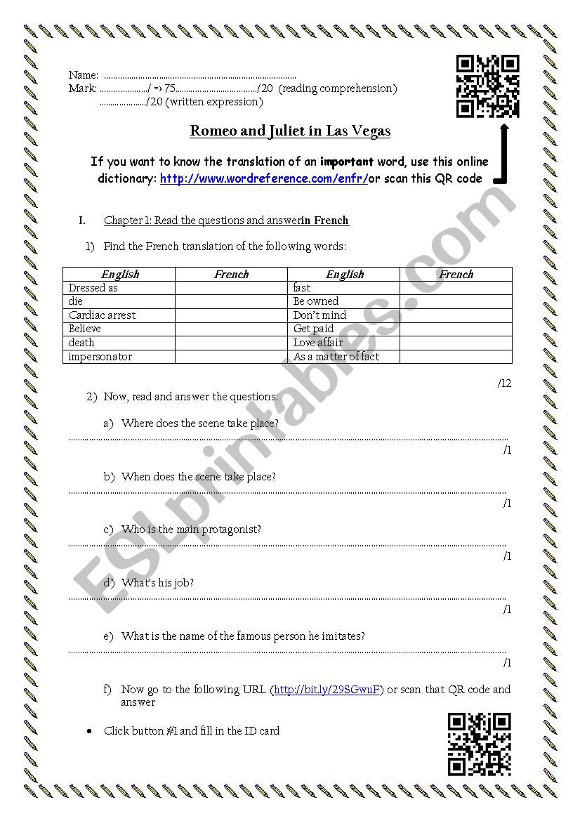 Romeo and Juliet in Las Vegas reading worksheet #2 (chapter 1 and 2)