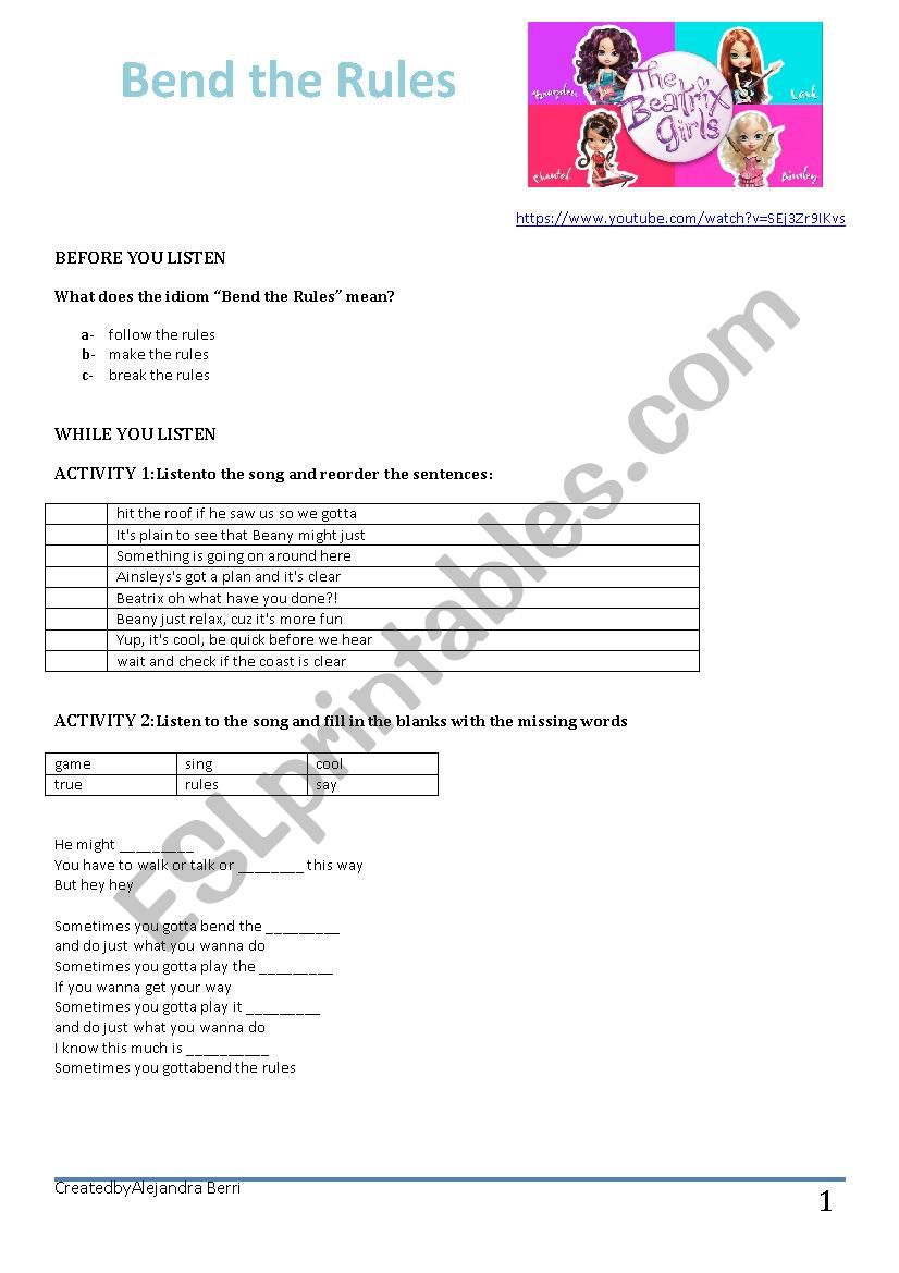 Bend the rules - song task worksheet