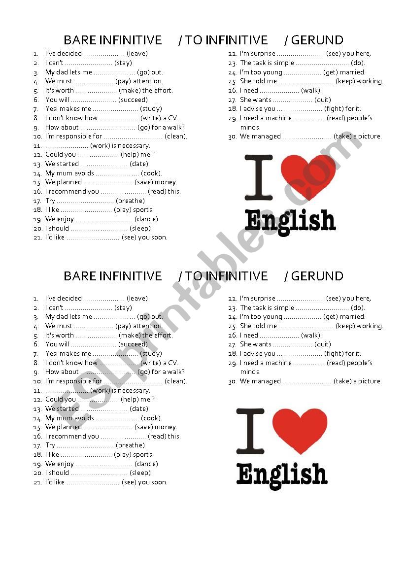 Bare infinitive, to infinitive or gerund