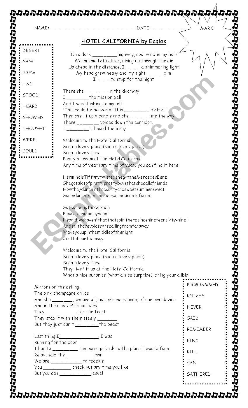 Hotel California worksheet