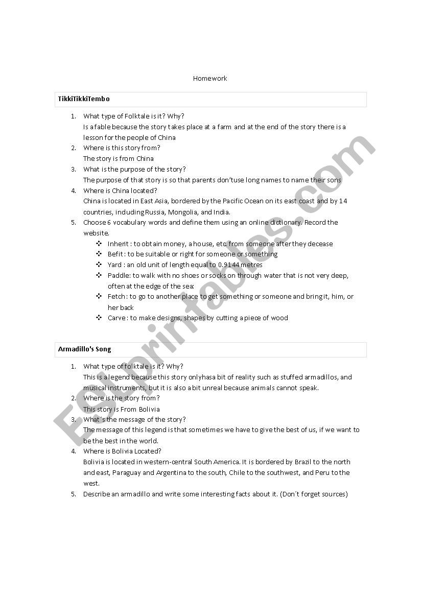 homwork reacig comprehension worksheet