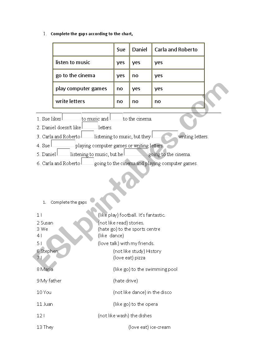 Like + ing worksheet