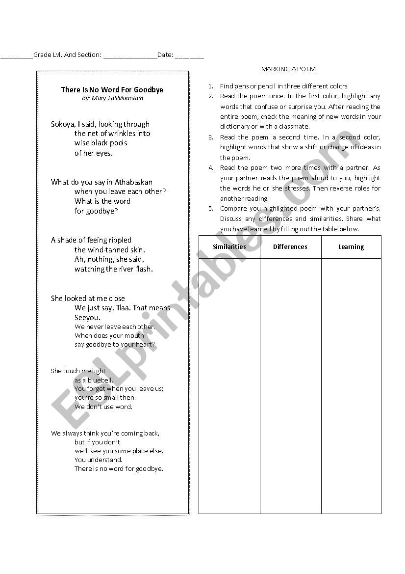 Marking A Poem worksheet