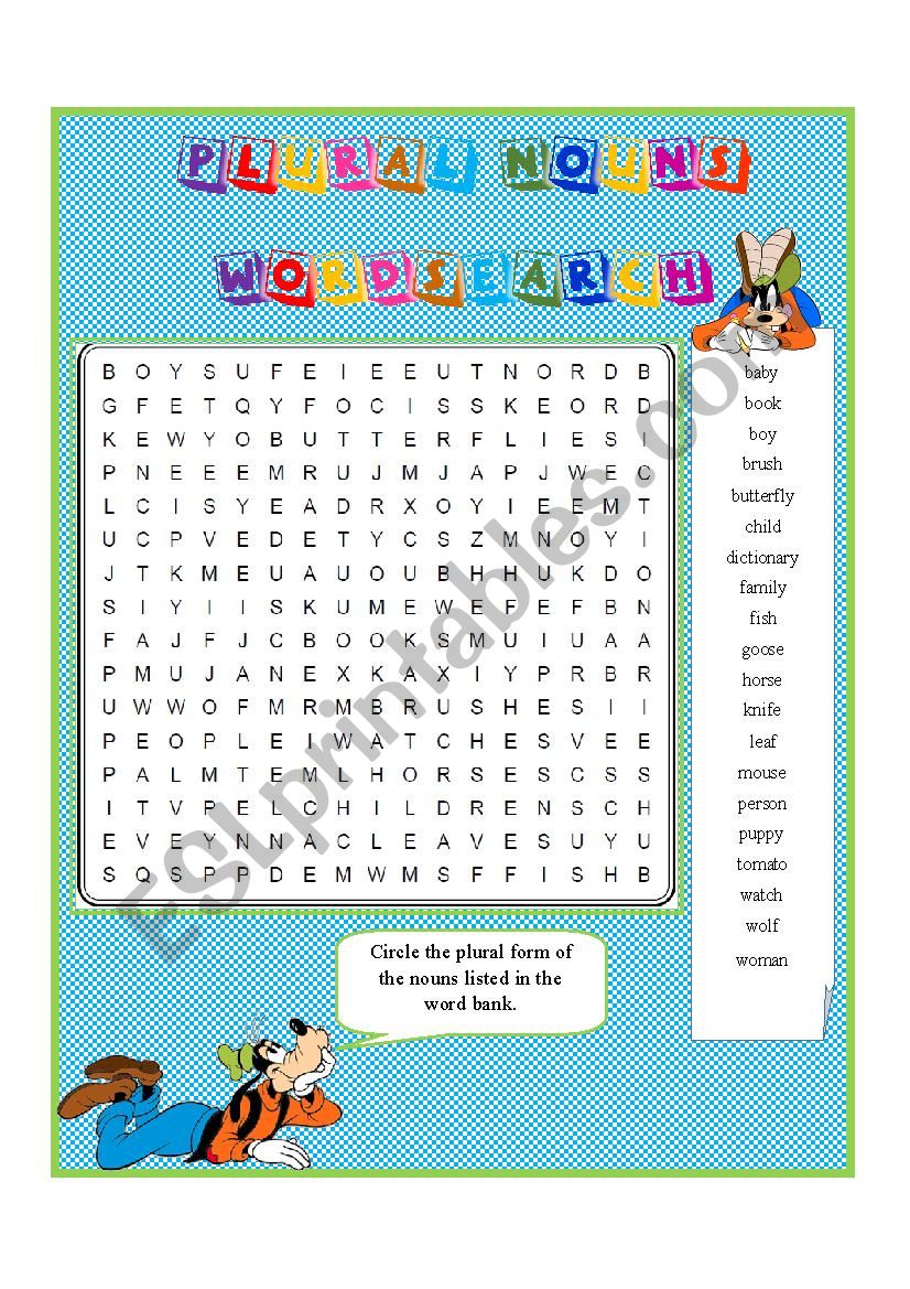 PLURAL NOUNS 1:  Wordsearch worksheet