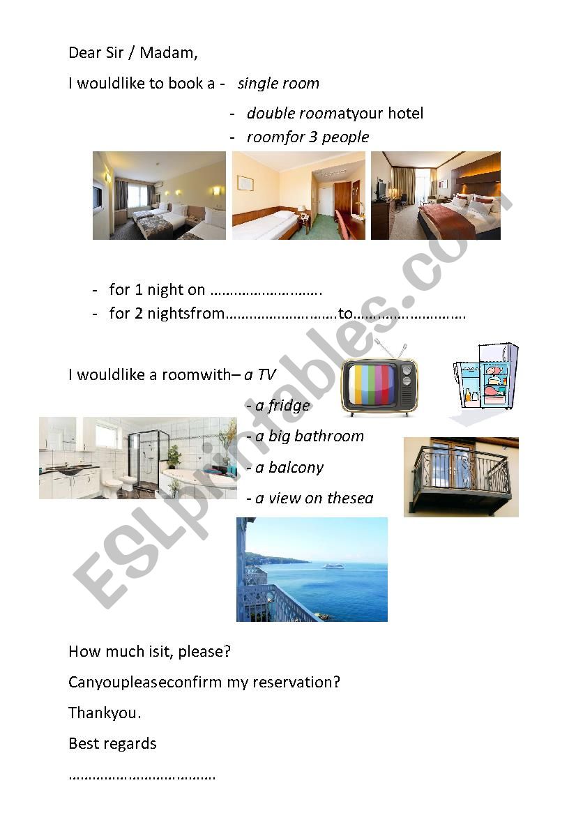 hotel booking - email worksheet