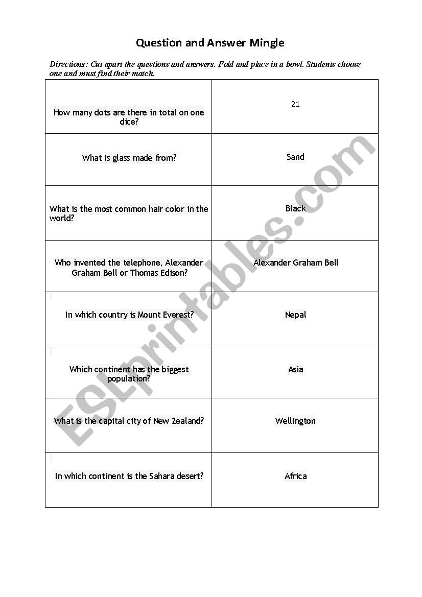 Question and Answer Mingle worksheet