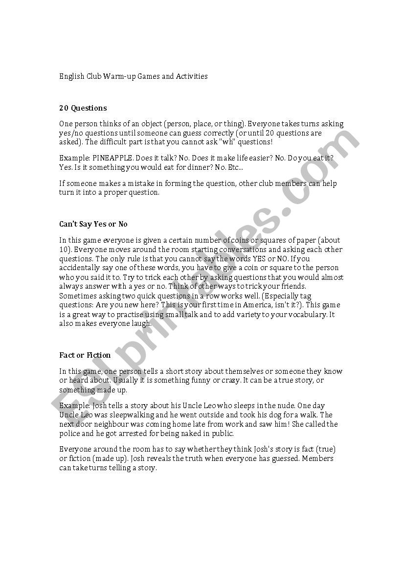 ESL Warm Up Activities worksheet