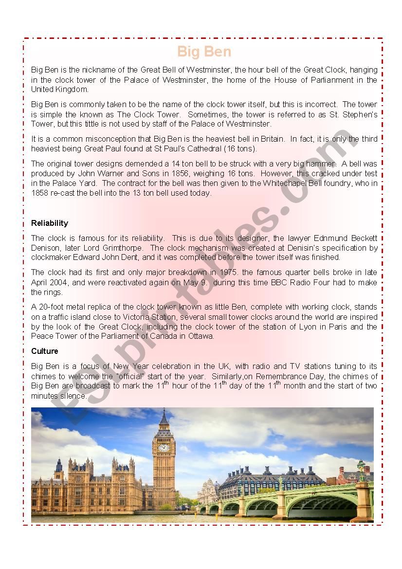 Big Ben Reading worksheet