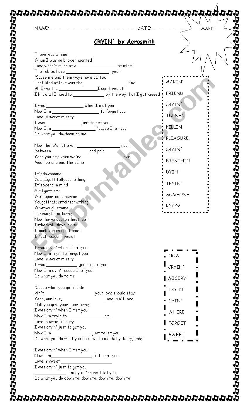 CryinÂ´ by Aerosmith worksheet